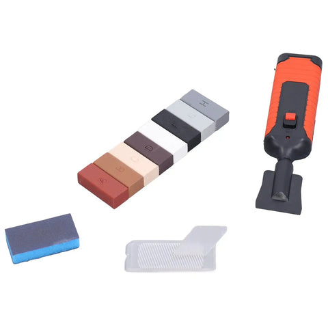 DIY Tile Repair Kit With 8 Color Wax Blocks And Electric Heating Pen, includes wax blocks and heating pen, front view.