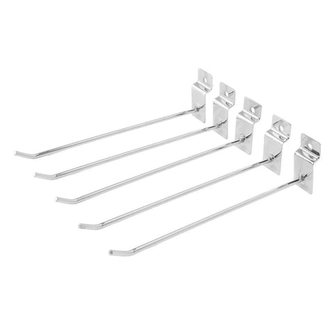 50 Pack Slatwall Hooks With Flat Tips For Pegboard And Slotted Panels, Pro Grade Heavy Duty Tool Organizer Display Hooks shown in silver