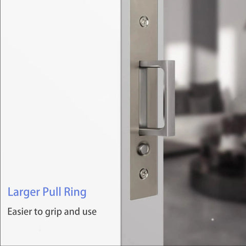 Pocket Door Edge Handle Set With Push Auto Pop Button And Auto Bounce For Sliding Doors, Satin Nickel Finish, Large Pull Ring