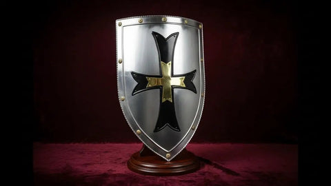 Medieval Crusader Steel Shield Beefy 18 Gauge Armor Handcrafted Warrior Shield on display stand