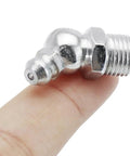 Close-up of a single galvanized metal Zerk fitting from the 130 Piece Grease Fittings Kit With Zerk Fittings Tough Galvanized Metal Hydraulic Zerk Set.