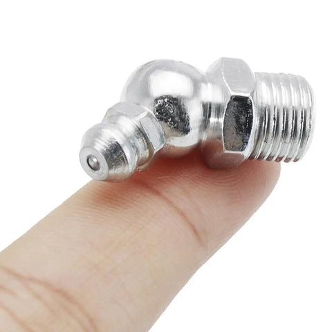 Close-up of a single galvanized metal Zerk fitting from the 130 Piece Grease Fittings Kit With Zerk Fittings Tough Galvanized Metal Hydraulic Zerk Set.
