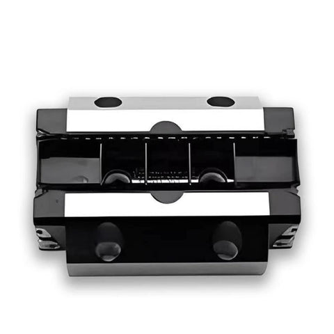 Front view of FLS Extended Slider Guide Block, Slide Unit Ball Bearing, Parts R165381420 R165381422, black and silver design.