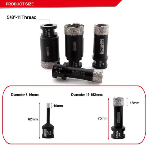 DT-DIATOOL diamond core drill bits set for tile and masonry; four black bits with diamond ends and 5/8-11 thread.