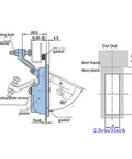 Two blue compression cupboard latch locks with keys for RVs and boats; mounting hardware and dimensions diagram.