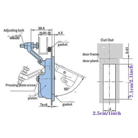Two blue compression cupboard latch locks with keys for RVs and boats; mounting hardware and dimensions diagram.