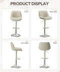 Adjustable Swivel Faux Leather Bar Stools Set Of 2, 26-34 inch, beige finish, front, slant, side, and back views, metal base, footrest.