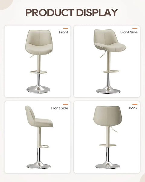 Adjustable Swivel Faux Leather Bar Stools Set Of 2, 26-34 inch, beige finish, front, slant, side, and back views, metal base, footrest.