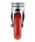 Close-up of Rock Solid Heavy Duty Swivel Caster with 5 inch red steel wheel, showcasing the twin locking brakes and mounting plate.