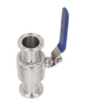 Quick Connect Clamp Ball Valve Featuring Slick Ferrule Design For Hassle Free Plumbing Setup And Rock Solid Fluid Control For Smooth Pipe Fittings And Efficient Maintenance, stainless steel with blue lever.