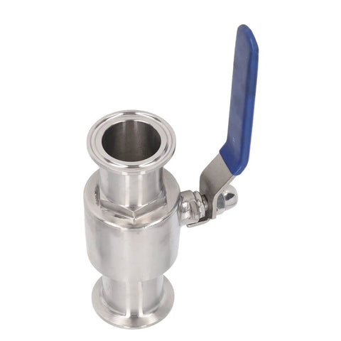 Quick Connect Clamp Ball Valve Featuring Slick Ferrule Design For Hassle Free Plumbing Setup And Rock Solid Fluid Control For Smooth Pipe Fittings And Efficient Maintenance, stainless steel with blue lever.