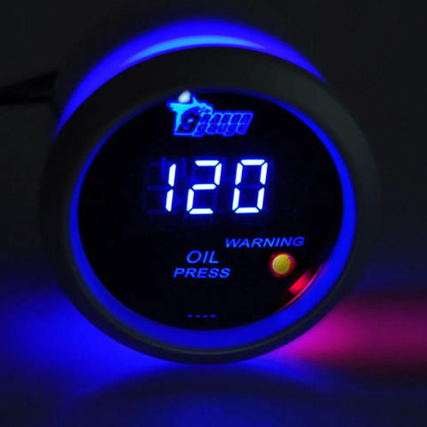 Car 2-inch 52mm digital oil pressure gauge with blue LED display, front view showing 120