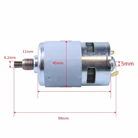 Super Tough Rs775 Electric Wrench With 18V High Power DC Motor showing 98mm long gearmotor with metal end and dimensions.