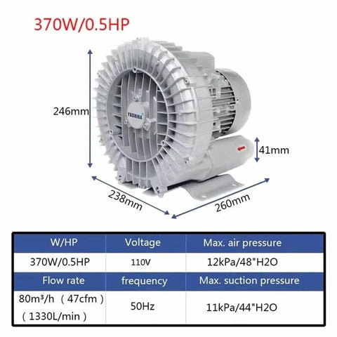 Built Like A Workhorse 0.5 Hp Regenerative Blower 110V Single Phase Industrial Vacuum Pump with detailed specifications.