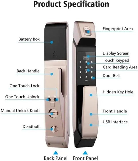 Product specification of Premium Heavy Duty Smart Fingerprint Door Lock Featuring Slick Electronic Keyless Access and Waterproof Zinc Alloy Construction.