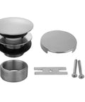 A Rock Solid Matte Black Round Toe Control Drain With No Hole Front Projection includes drain parts, screws, and flat mounting hardware.