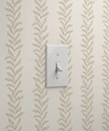 Botanical Stripe Vinyl Wallpaper With Subtle Leather Texture And Dang Durable Type Two Commercial Grade Wallcovering, beige with leaf pattern near light switch.
