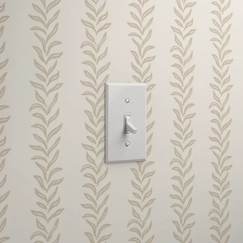 Botanical Stripe Vinyl Wallpaper With Subtle Leather Texture And Dang Durable Type Two Commercial Grade Wallcovering, beige with leaf pattern near light switch.