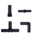 PE Pipe Joint Tee Straight Elbow Plug Greenhouse Irrigation Fittings Set For Micro Spray Hose Connectors 16mm 20mm 25mm Tee Elbow Bulk 50 Pieces DIY Garden Watering Kit, black plastic connectors