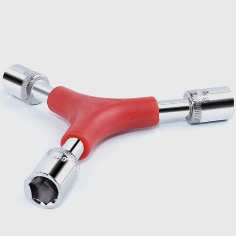 Y Shaped 3 Way Wrench For Bike Repair Portable Lightweight Steel Chrome Plated Inner Hex Socket Spanner with red grip.