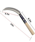 Grass Sickle Handheld Garden Tool with Wooden Handle and Light Serration, displayed with dimensions, 6.5 inch stainless steel blade