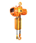 Heavy Duty 1500W Electric Chain Hoist And Overhead Crane with orange body, motor, chain, and remote control for garage use.