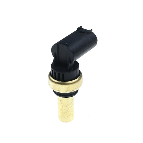 Coolant temperature sensor with brass threaded stem and black plastic connector (close-up view)