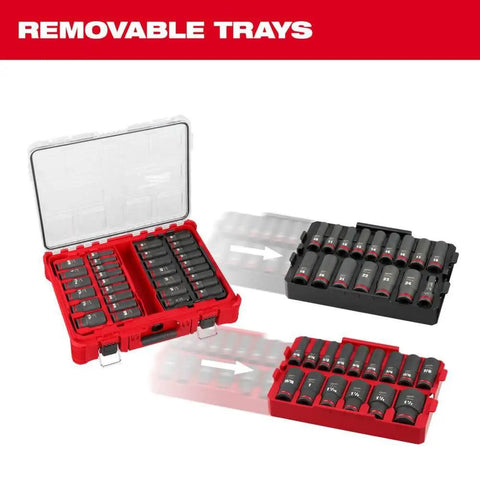 Removable trays in Shockwave Impact Duty Socket Set For Half Inch Drive 31 Piece Deep Well SAE And Metric With Packout Case