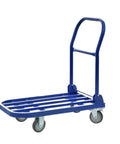 Heavy Duty Cargo Handling Flatbed Handcart Foldable Trailer For Heavy Lifting, Beast Of A Hauler, Rugged Steel Frame, Space Saving Fold Design, Built To Move Big Loads, Ideal For Home, Shop, Garage And Yard blue steel cart with four caster wheels