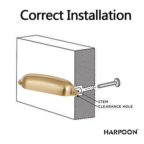 Diagram showing correct installation of 10 Pack Bin Cup Pulls Vintage Shell Handle Cabinet Hardware in Champagne Gold Finish.