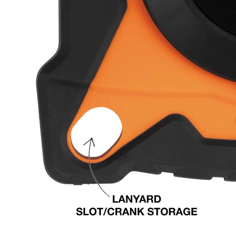 Close-up of lanyard slot on closed reel tape measure with 100 foot nylon coated blade fast three to one gear retracting.