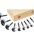 Professional Grade Badass Forstner Bit Nine Piece Set Featuring Hardcore Rust Resistant Black Oxide Coating And Guaranteed Zero Slip Half Inch Hex Shafts For Dead On Accurate Woodworking Projects Spanning One To Three Inches, displayed in a wooden case.