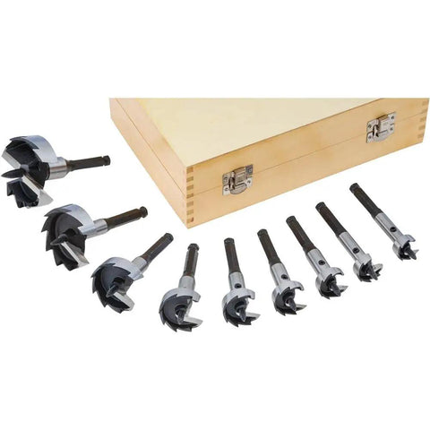 Professional Grade Badass Forstner Bit Nine Piece Set Featuring Hardcore Rust Resistant Black Oxide Coating And Guaranteed Zero Slip Half Inch Hex Shafts For Dead On Accurate Woodworking Projects Spanning One To Three Inches, displayed in a wooden case.