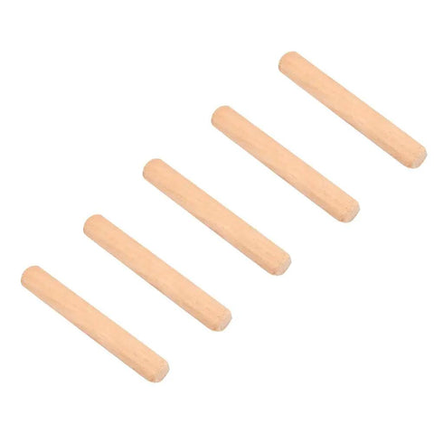 Beefy Beech Wood Dowel Pins 6mm Round Fluted Dowels, 100 Pack for Strong Wood Joints, Chamfered Ends for Easy Insertion, five pins displayed