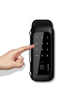Keyless Entry Smart Glass Door Lock With Bluetooth Code App And Fob For 12mm Frameless Swing Doors No WiFi Needed Instant Remote Access Electronic Keypad Time Based PINs RFID Tags Easy Clip On Install with hand pressing keypad on black lock.