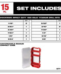 Front view of Milwaukee Shockwave titanium drill bit set, 15-piece in a red customizable compact case