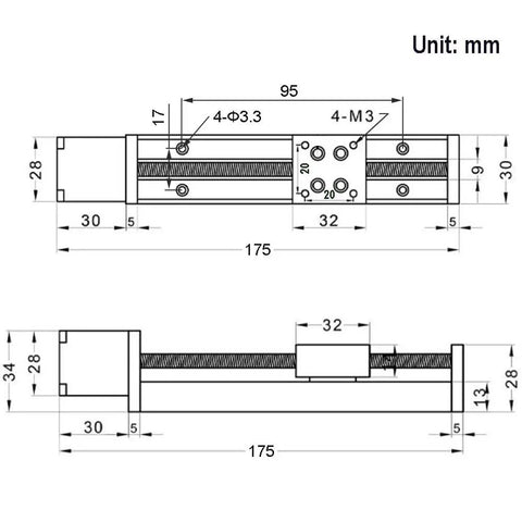 Technical drawing of Compact Mini Linear Rail Guide Kit With Lead Screw T6x1 And Nema 11 Stepper Motor
