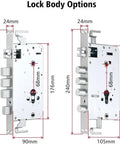 Premium Heavy Duty Smart Fingerprint Door Lock Featuring Slick Electronic Keyless Access And Waterproof Zinc Alloy Construction For Effortless Home Security showing two lock body options with measurements.