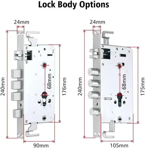 Premium Heavy Duty Smart Fingerprint Door Lock Featuring Slick Electronic Keyless Access And Waterproof Zinc Alloy Construction For Effortless Home Security showing two lock body options with measurements.