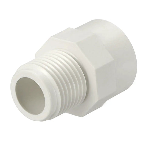 Half Inch PVC NPT Male Thread Adapter Slip Coupling For Schedule 40 Pipes, Leak Free Connection, white adapter close-up