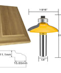 Four Piece One Quarter Inch Shank Router Bit Set For Door And Drawer Front Edging Miter Frame Crown Molding Wood Milling Cutter Carbide CNC Cutting Tool For Woodworking Projects With Premium Micro Grain Tungsten Carbide Blades, showing a router bit and detailed measurements.