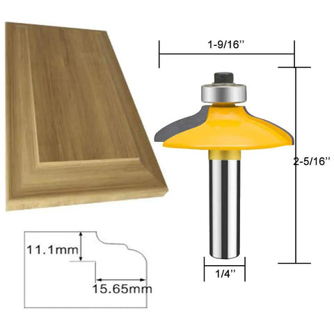 Four Piece One Quarter Inch Shank Router Bit Set For Door And Drawer Front Edging Miter Frame Crown Molding Wood Milling Cutter Carbide CNC Cutting Tool For Woodworking Projects With Premium Micro Grain Tungsten Carbide Blades, showing a router bit and detailed measurements.