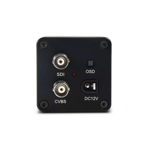 Back panel of 3G HD SDI CCTV Camera With 3.2mm No Distortion Lens showing SDI, CVBS outputs, OSD menu, and DC12V port.