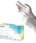 Top Notch Latex Disposable Gloves With Corn Starch Powdered Finish For Food Handling And Light Industrial Chores Smooth As Butter X Large, shown in use.