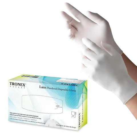 Top Notch Latex Disposable Gloves With Corn Starch Powdered Finish For Food Handling And Light Industrial Chores Smooth As Butter X Large, shown in use.