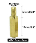 M3 Brass Hex Standoff Spacer, 12mm and 6mm lengths, male to female thread, 5mm hex head for PCB board mounting, front view.