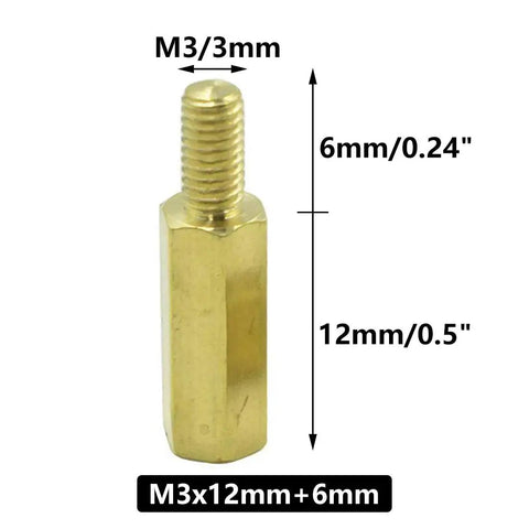 M3 Brass Hex Standoff Spacer, 12mm and 6mm lengths, male to female thread, 5mm hex head for PCB board mounting, front view.