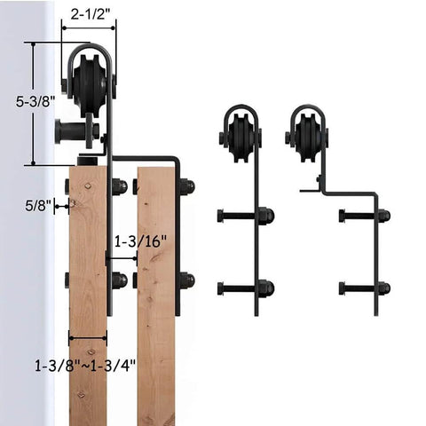 Heavy Duty Sliding Barn Door Hardware Kit For Double Door Bypass And Single Track Low Ceiling Mount 5Ft Rail Tough As Nails Carbon Steel With Black Frost Finish Supports Up To 200 Lb Easy Install, side view with measurements shown