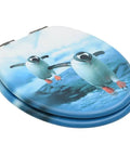 Top Tier Mdf Toilet Seat With Smooth Soft Close Lid, Clean Penguin Print Cover, viewed from above with blue design.