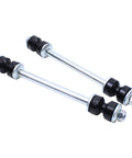 Pair of metal front sway bar end links with black bushings and nuts
